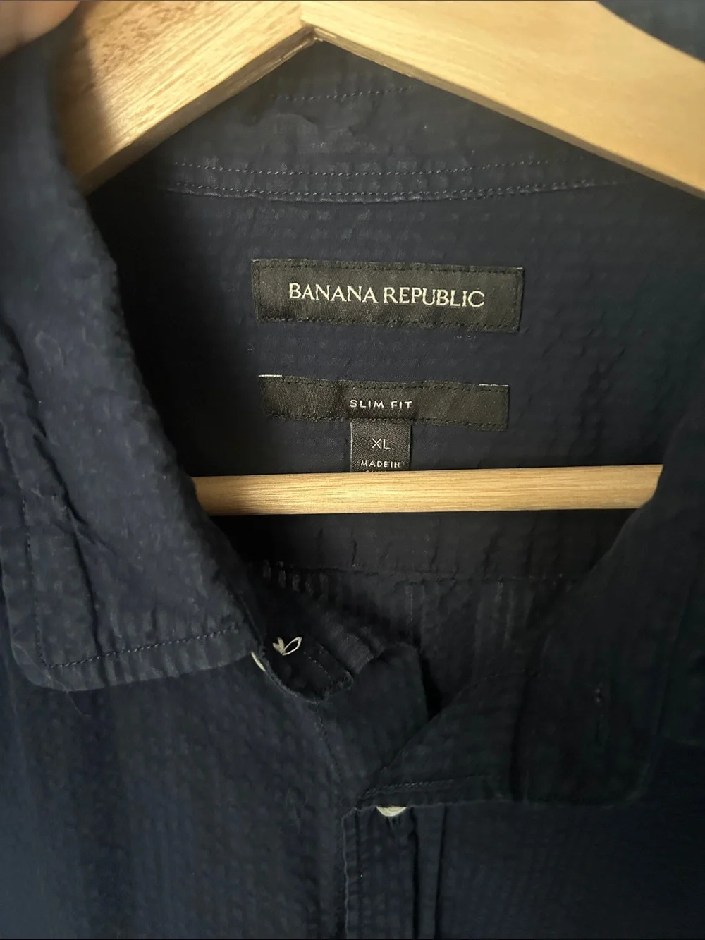 Banana Republic Seersucker Navy Slim-Fit Short-Sleeve Shirt XL Like New